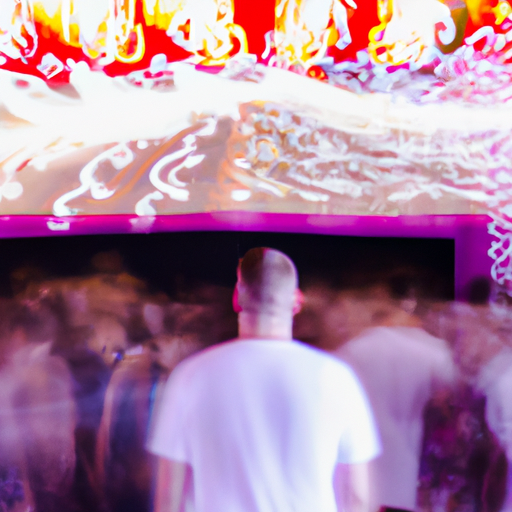 Fotografía realista de una verbena o fiesta de pueblo con bailes y luces de colores.